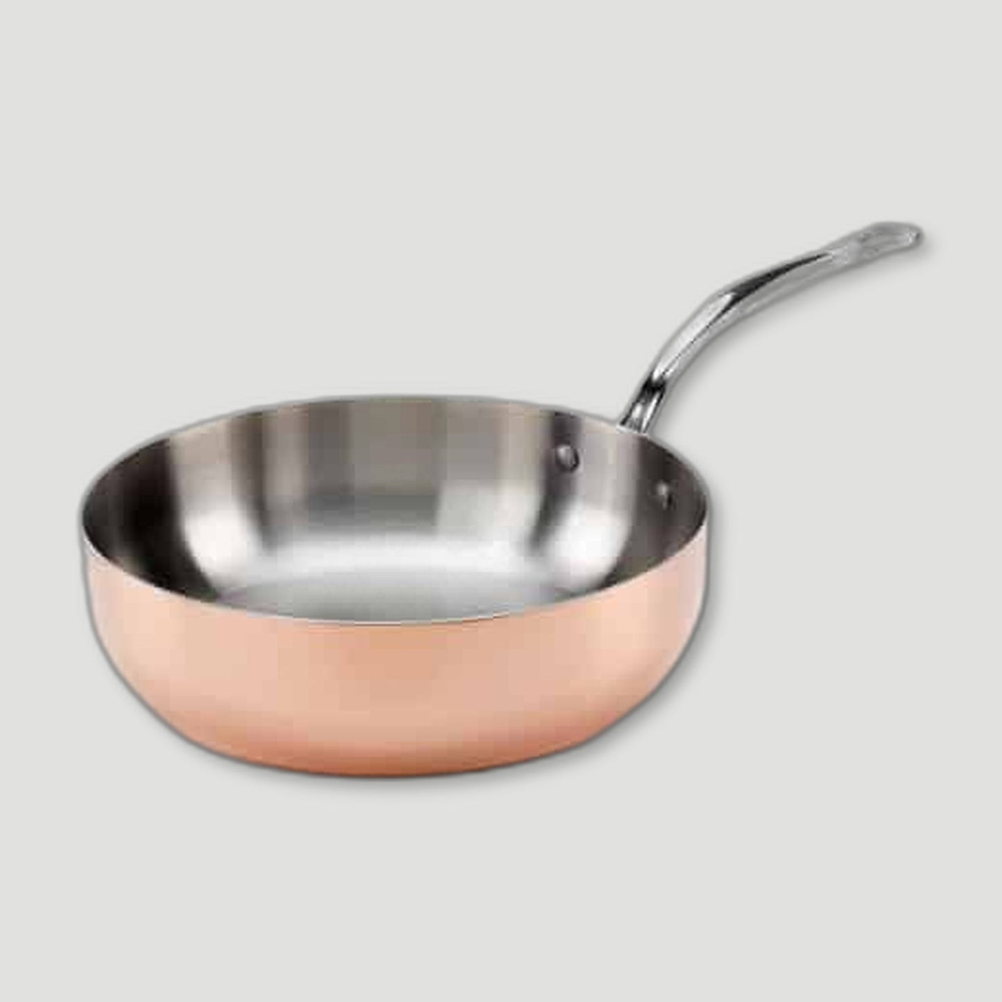 Angled view of 20cm Copper Induction Chef Pan from Samuel Groves - British Made Cookware