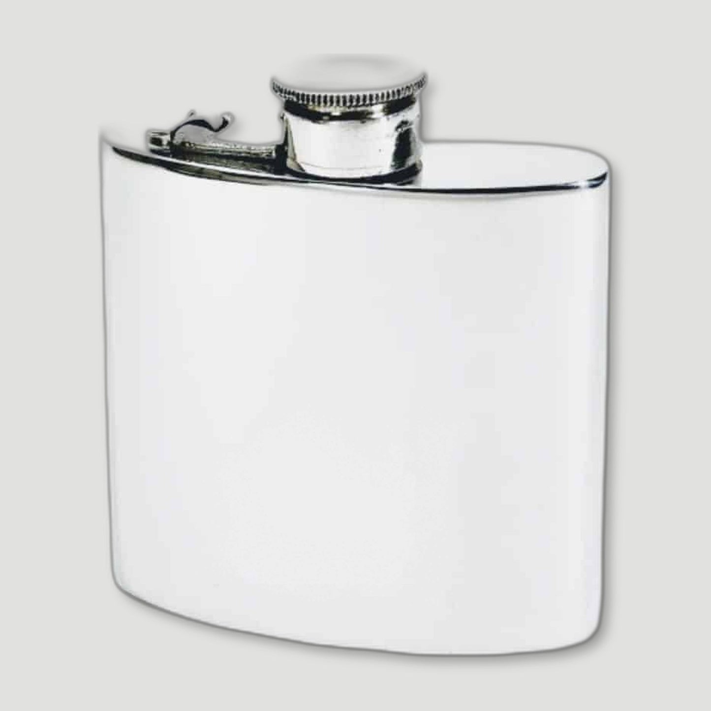 Front view of 6oz Kidney Shaped Pewter Hip Flask from Wentworth Pewter - British Made Pewter Barware