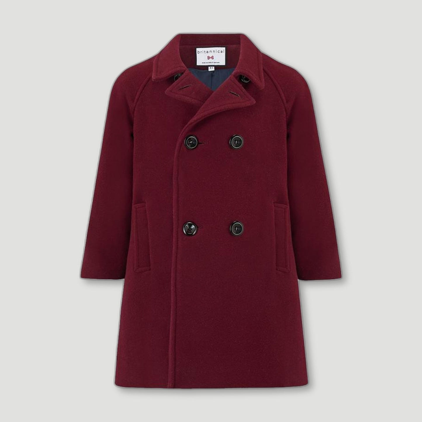 Front view of Burgundy Clerkenwell Boys Bridge Coat from Brittanical London - British Made Children's Coats