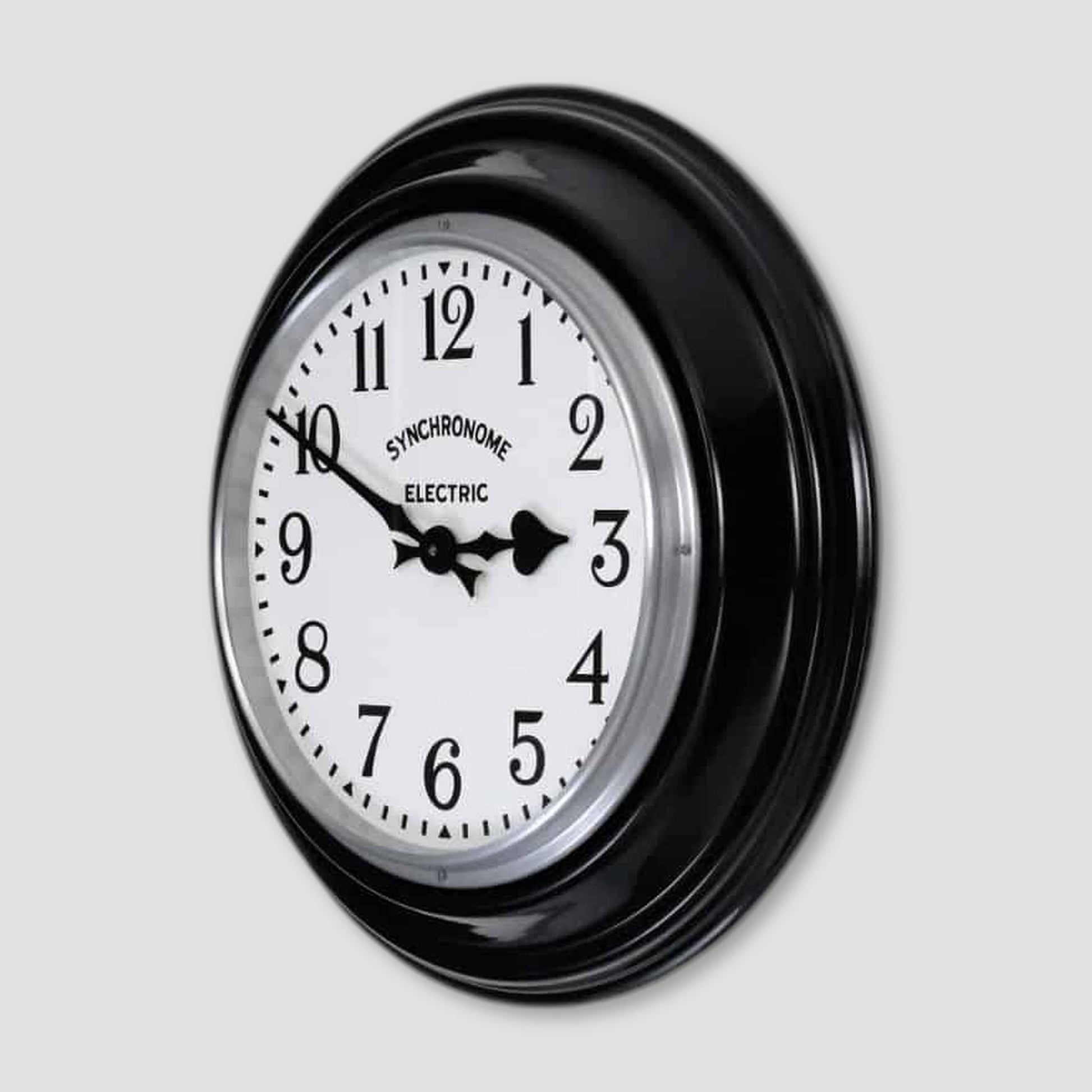 Side view of Classic Black Factory Clock Arabic Numerals from Synchronome Clocks - British Made Wall Clocks