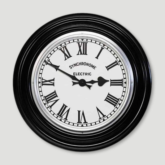 Front view of Classic Black Factory Clock Roman Numerals from Synchronome Clocks - British Made Wall Clocks