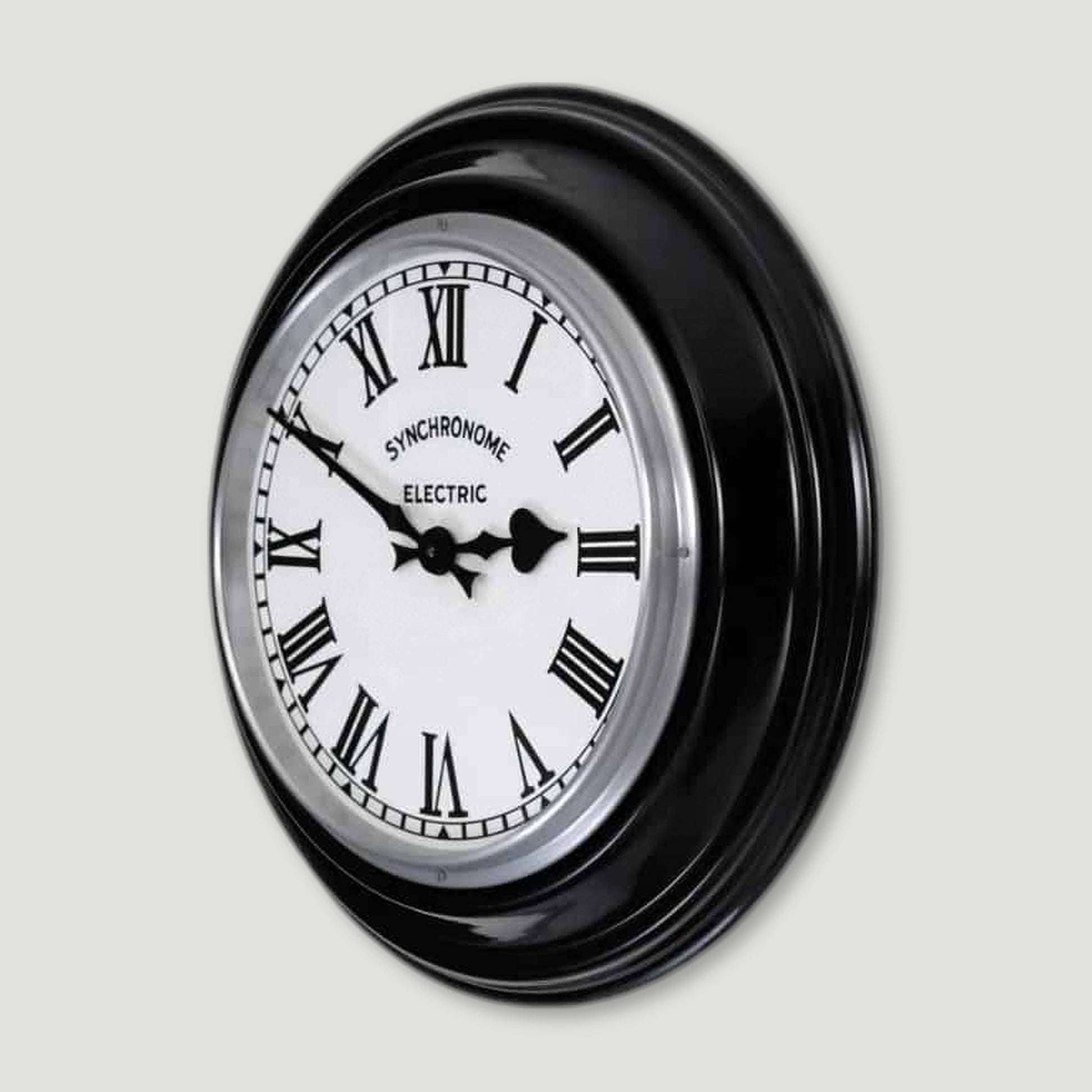 Side view of Classic Black Factory Clock Roman Numerals from Synchronome Clocks - British Made Wall Clocks
