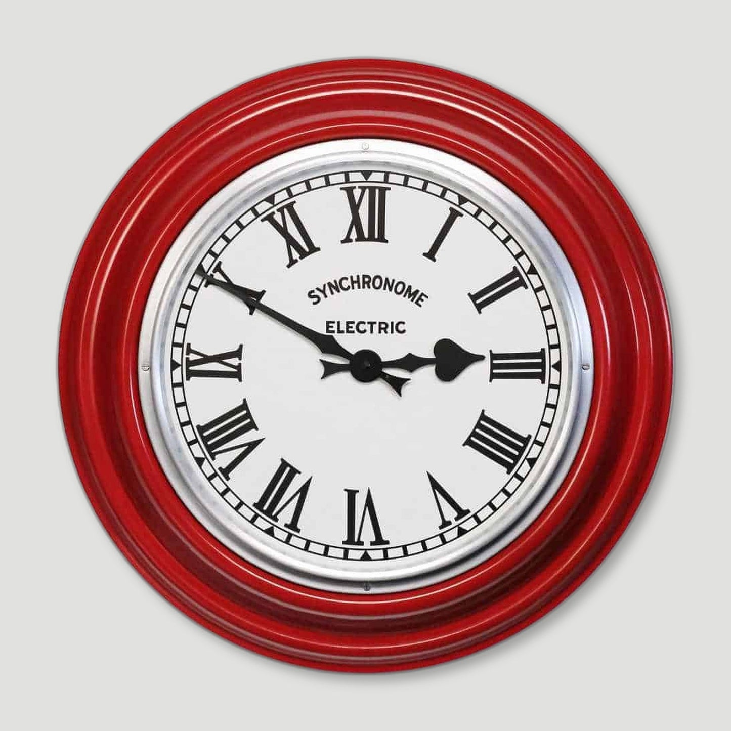 Front view of GPO Red Factory Clock Roman Numerals from Synchronome Clocks - British Made Wall Clocks