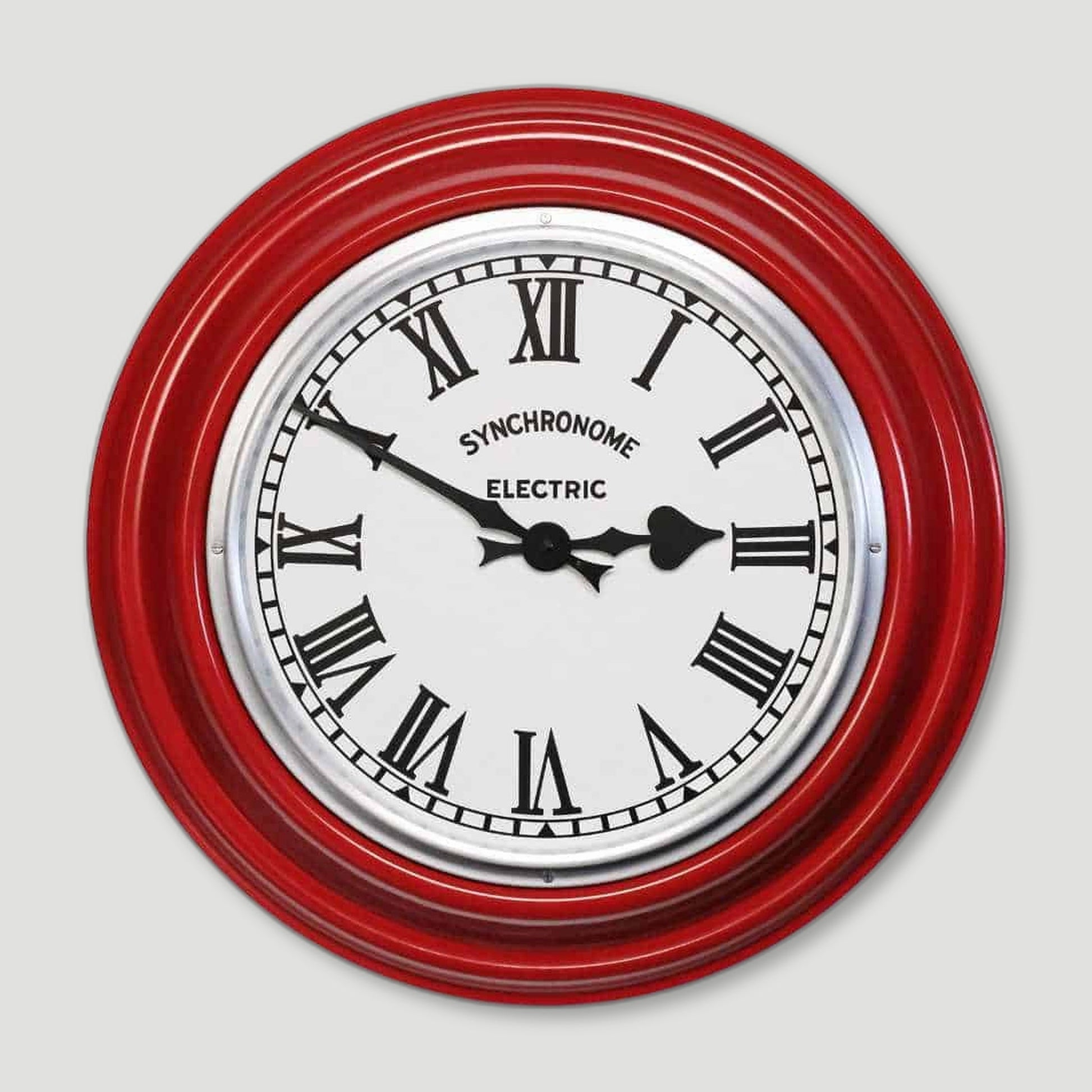 Front view of GPO Red Factory Clock Roman Numerals from Synchronome Clocks - British Made Wall Clocks