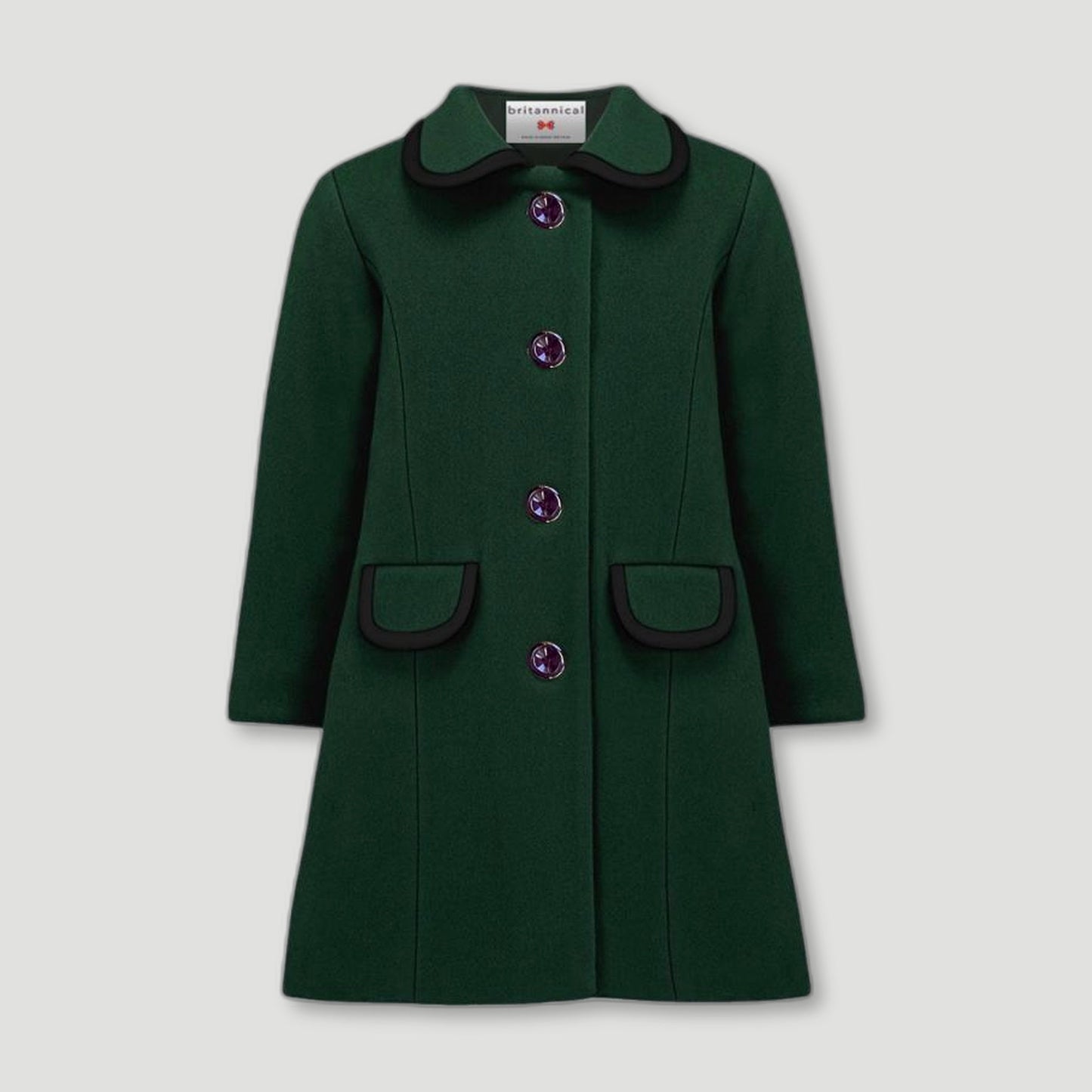Front view of Green Kensington Girls Coat from Brittanical London - British Made Children's Coats