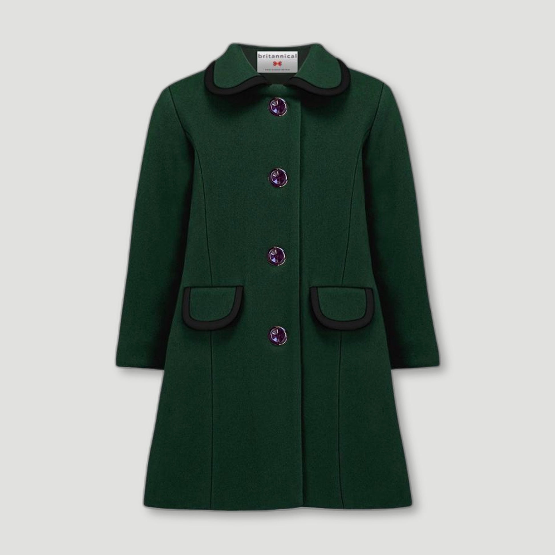 Front view of Green Kensington Girls Coat from Brittanical London - British Made Children's Coats