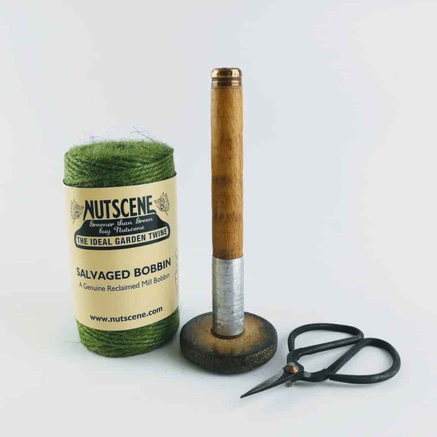 Green Recycled Mill Bobbin with Twine and Scissors