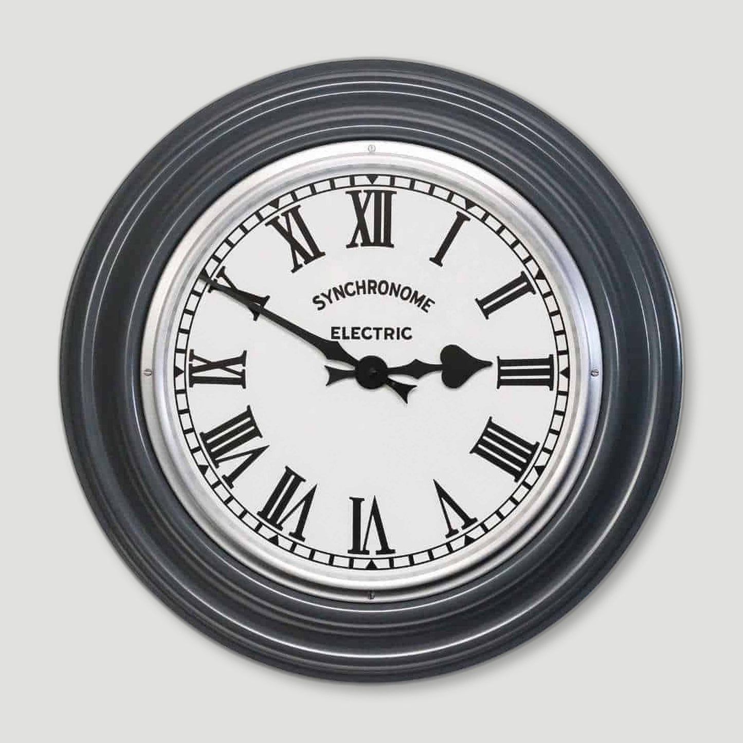 Front view of Hooton Grey Factory Clock Roman Numerals from Synchronome Clocks - British Made Wall Clocks