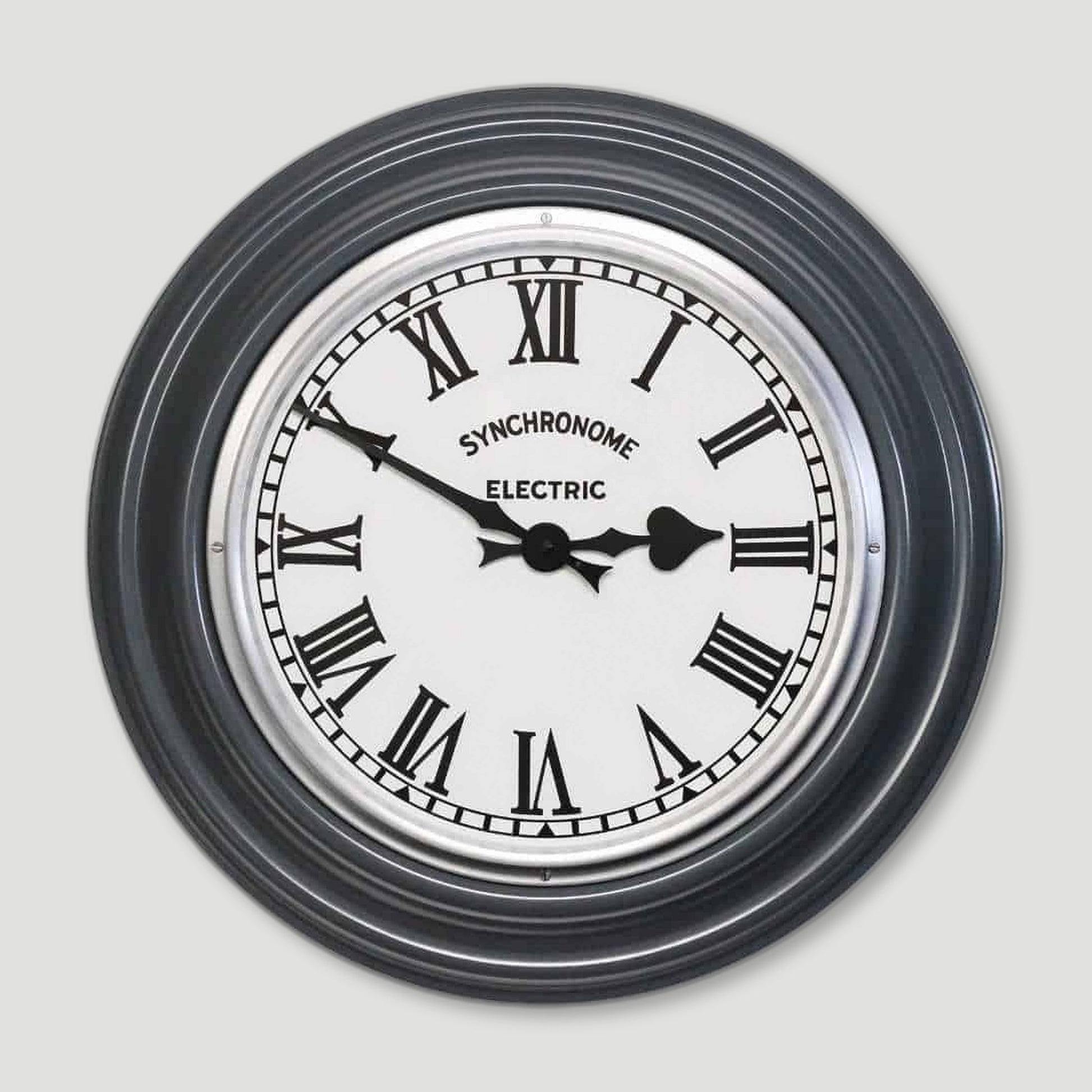 Front view of Hooton Grey Factory Clock Roman Numerals from Synchronome Clocks - British Made Wall Clocks