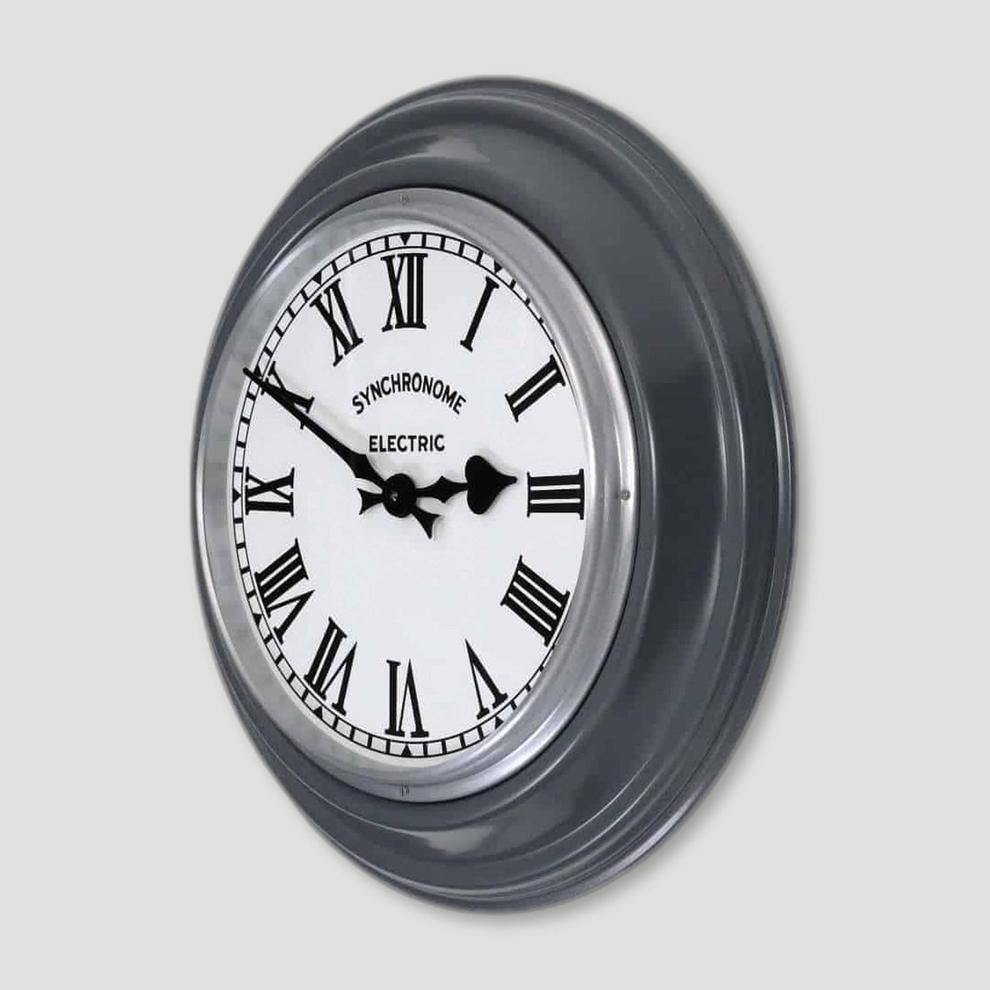 Side view of Hooton Grey Factory Clock Roman Numerals from Synchronome Clocks - British Made Wall Clocks
