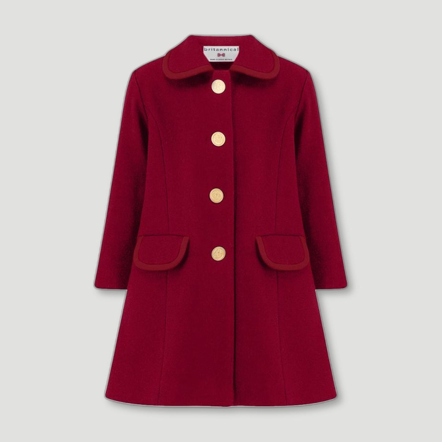 Front view of Kensington Girls Coat - Belgravia Burgundy from Brittanical London - British Made Children's Coats