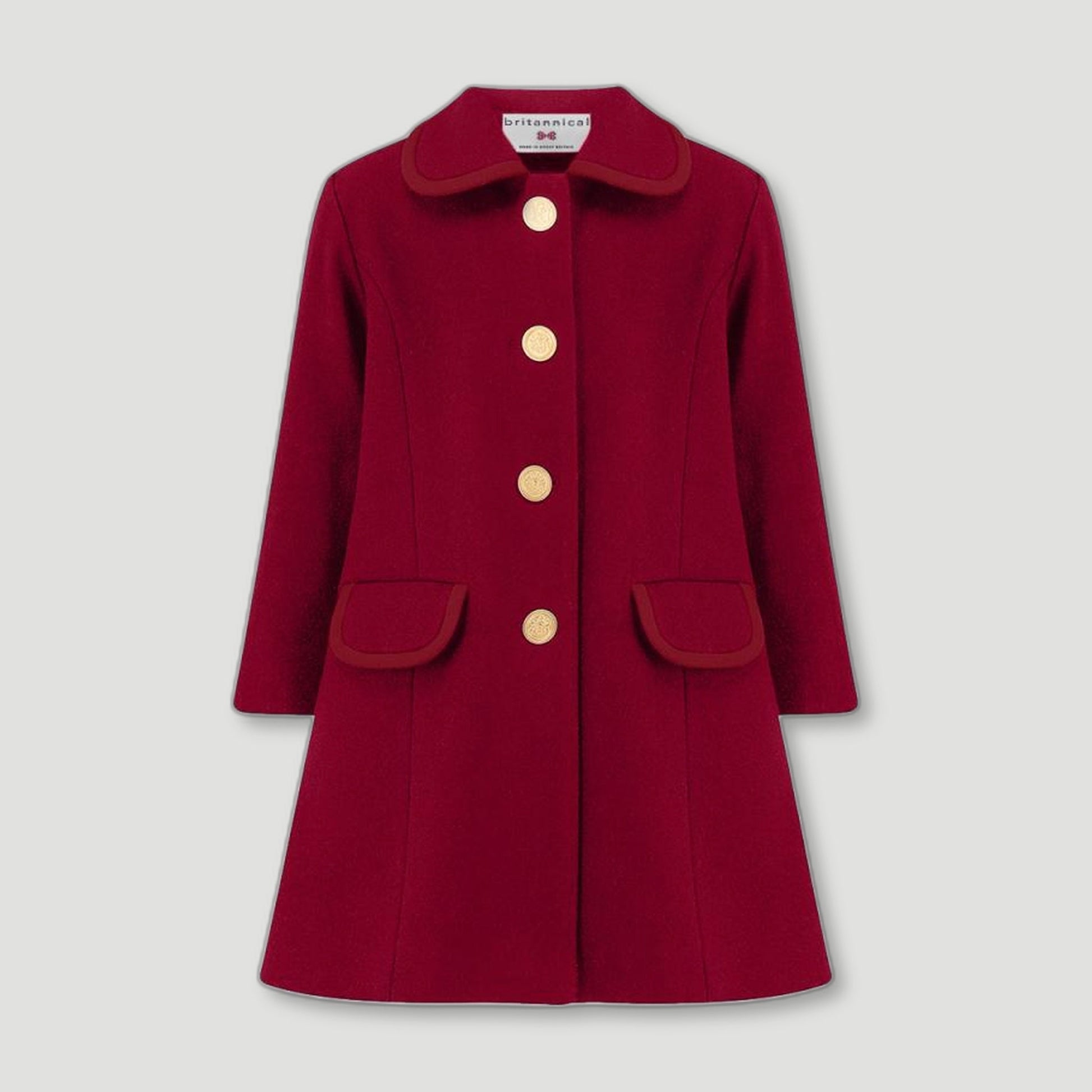 Front view of Kensington Girls Coat - Belgravia Burgundy from Brittanical London - British Made Children's Coats