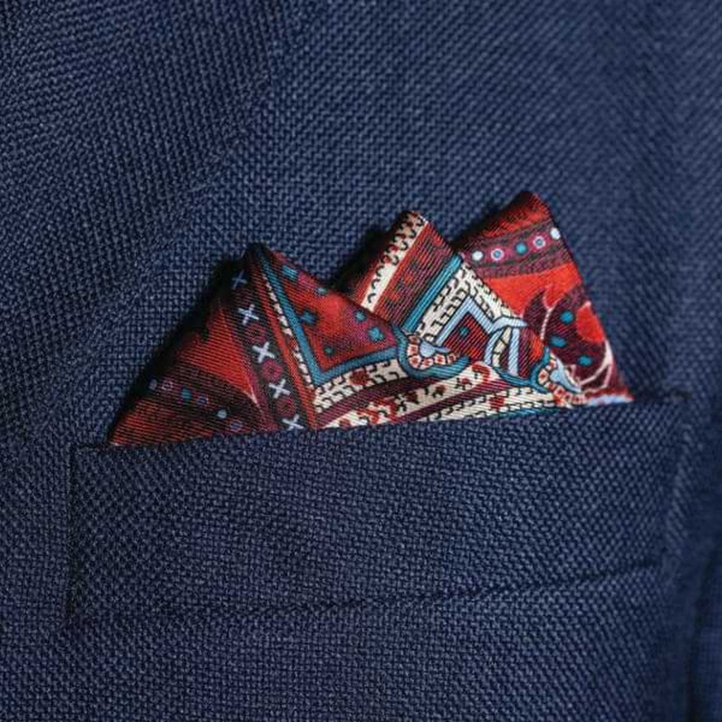 Labyrinth Silk Pocket Square - Burgundy, Red, Blue & Cream