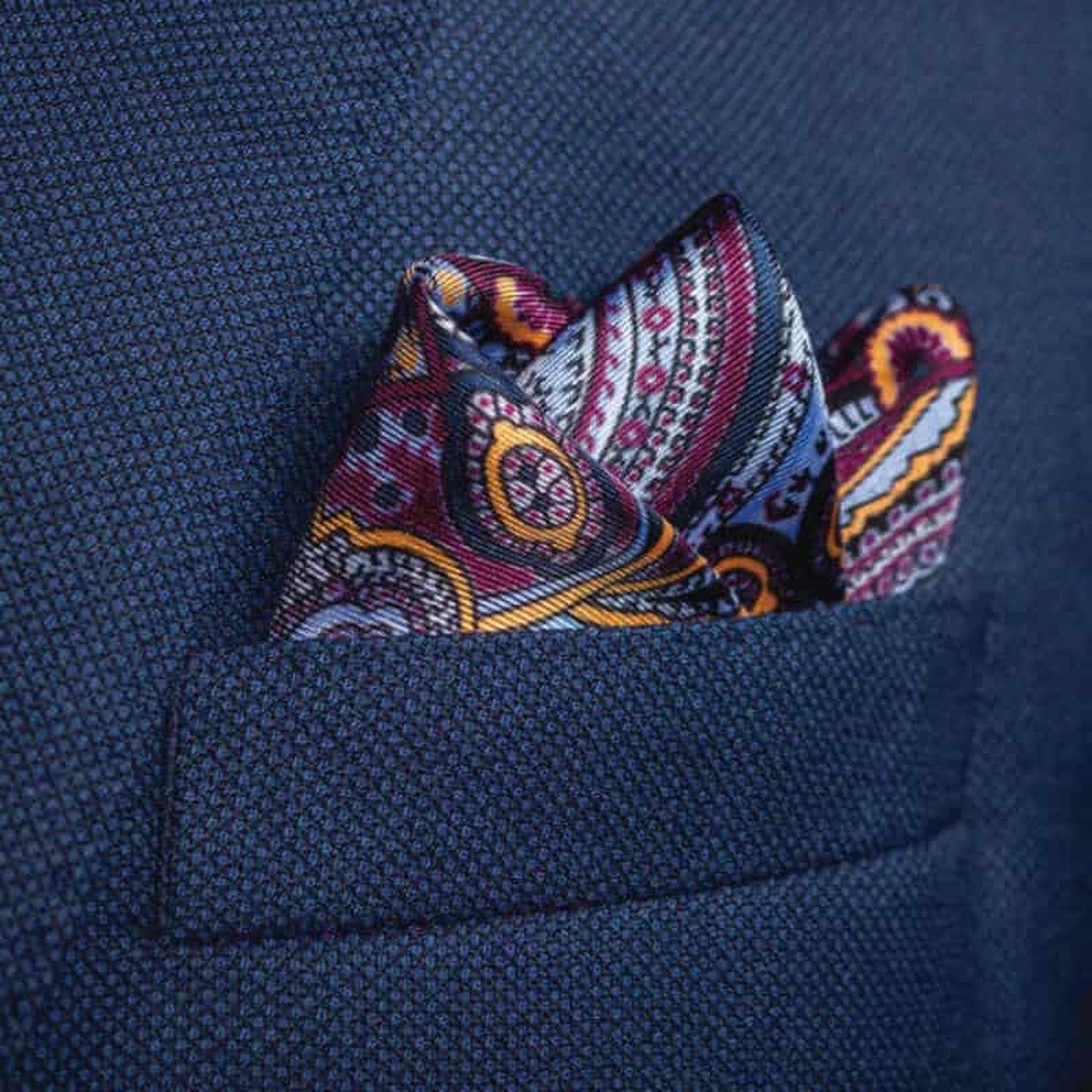 Labyrinth Silk Pocket Square - Pale Blue, Burgundy & Gold
