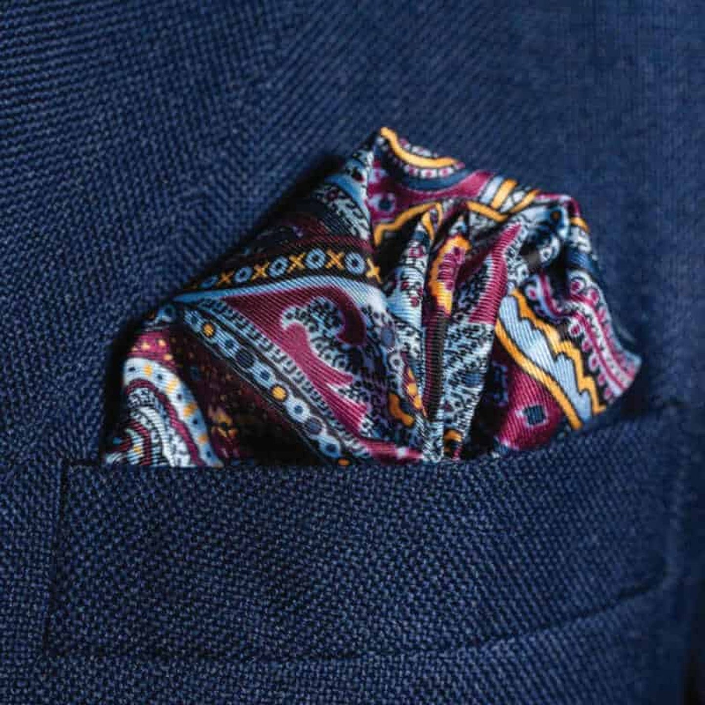 Labyrinth Silk Pocket Square - Pale Blue, Burgundy & Gold