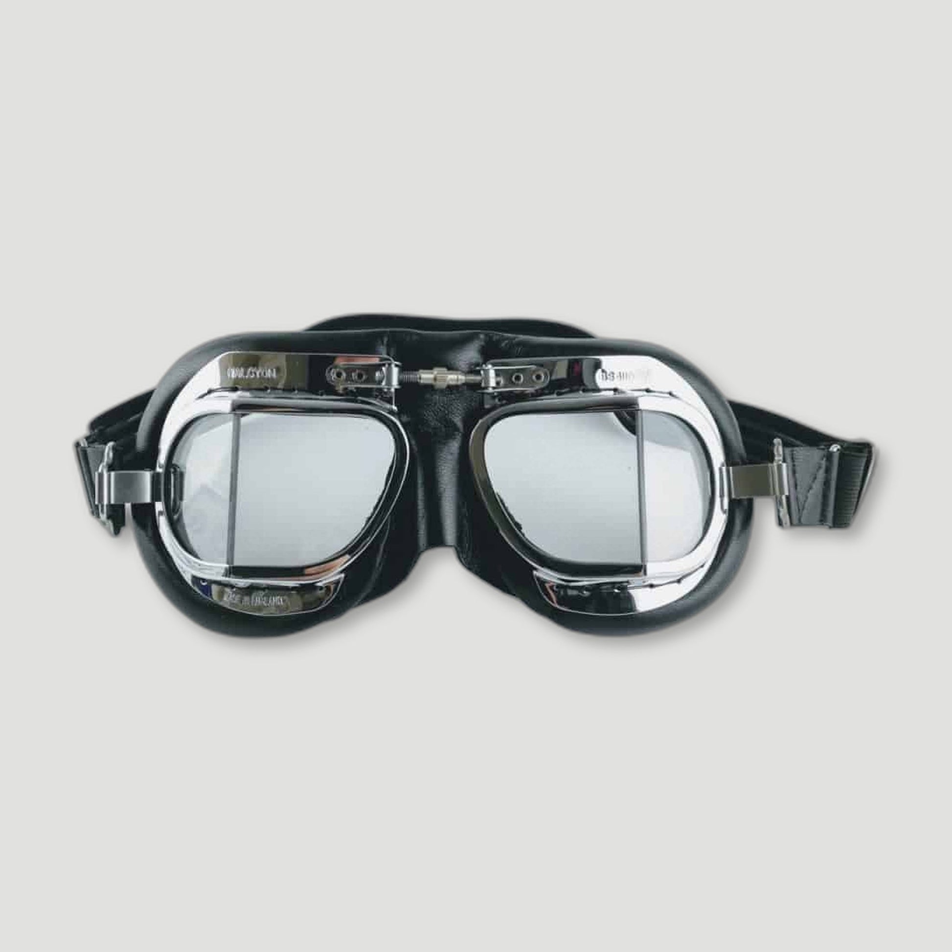 Front view of MK49 Classic Motor & Aviator Goggles - Chrome and Black from Halcyon - British Made Driving Goggles