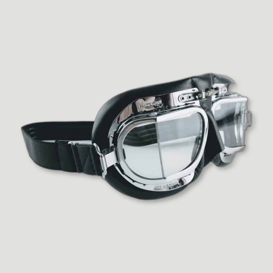 Side view of MK49 Classic Motor & Aviator Goggles - Chrome and Black from Halcyon - British Made Driving Goggles