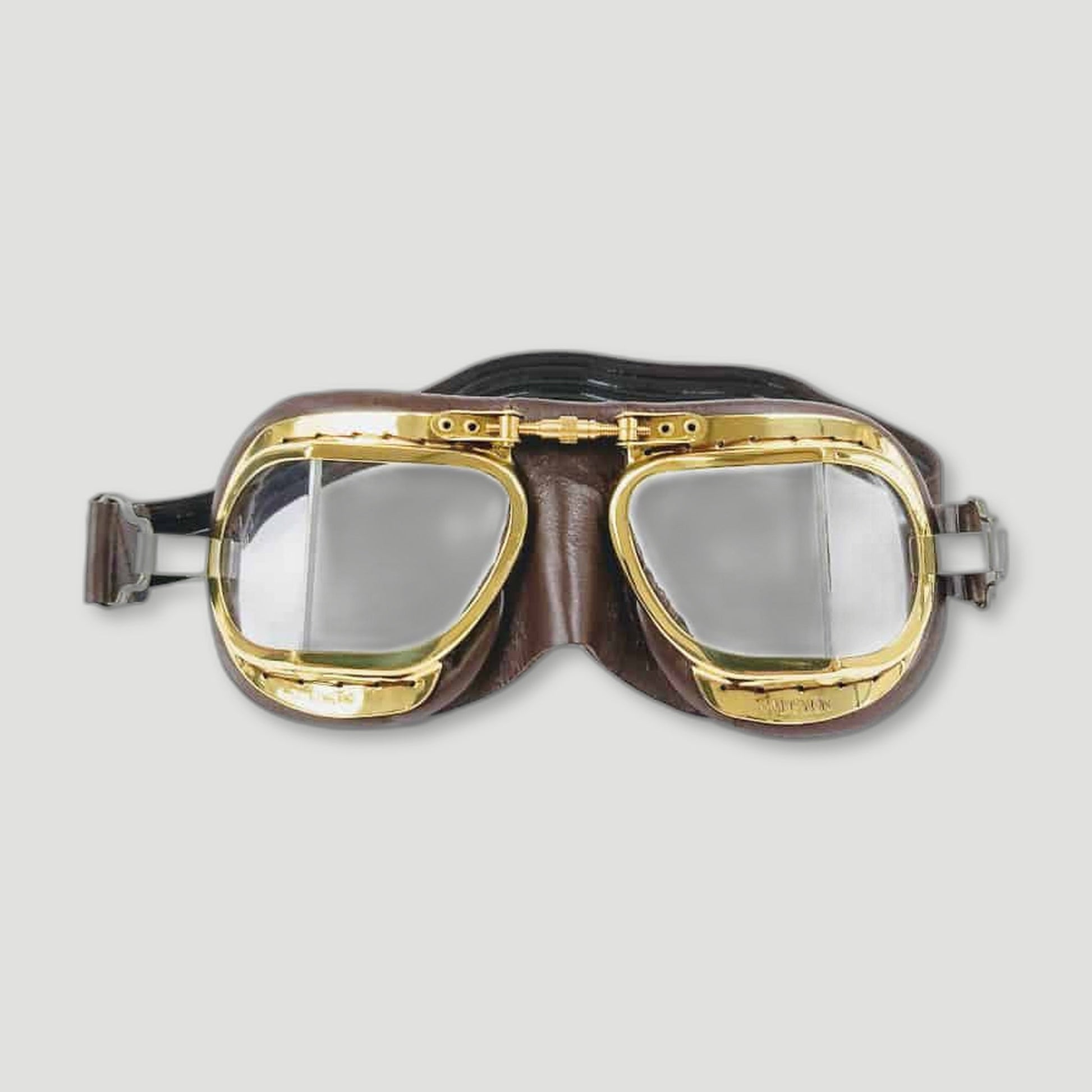 Front view of MK49 Compact Motorcycle Goggles - Brass and Brown from Halcyon - British Made Driving Goggles