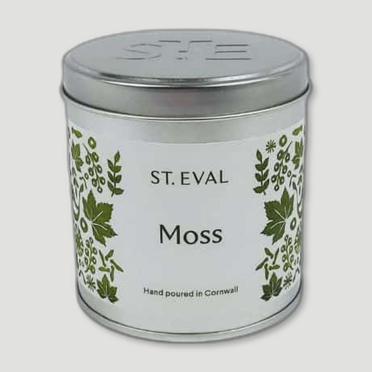 Front view of Moss Tin Candle from St Eval Candles - British Made Candles