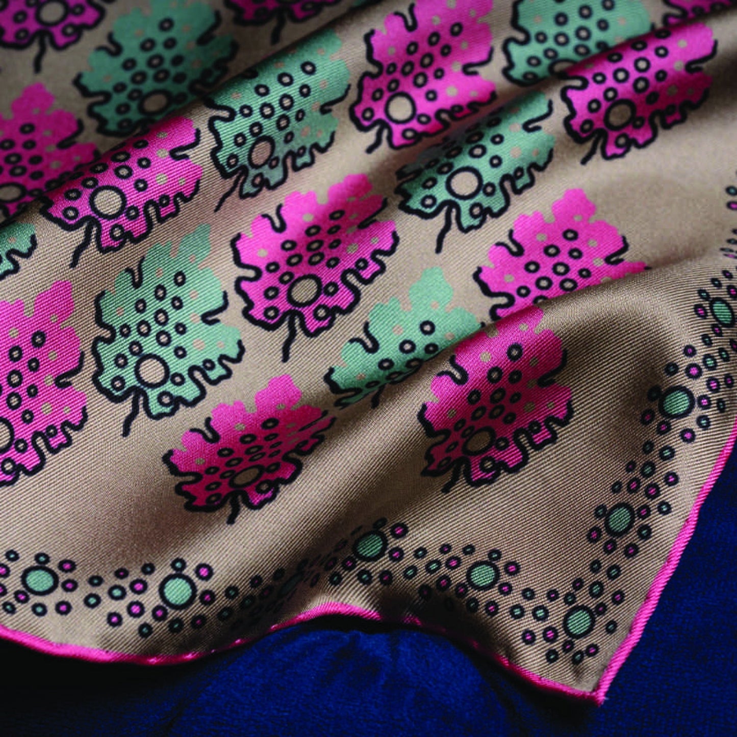 Motif Silk Pocket Square - Camel, Green & Pink