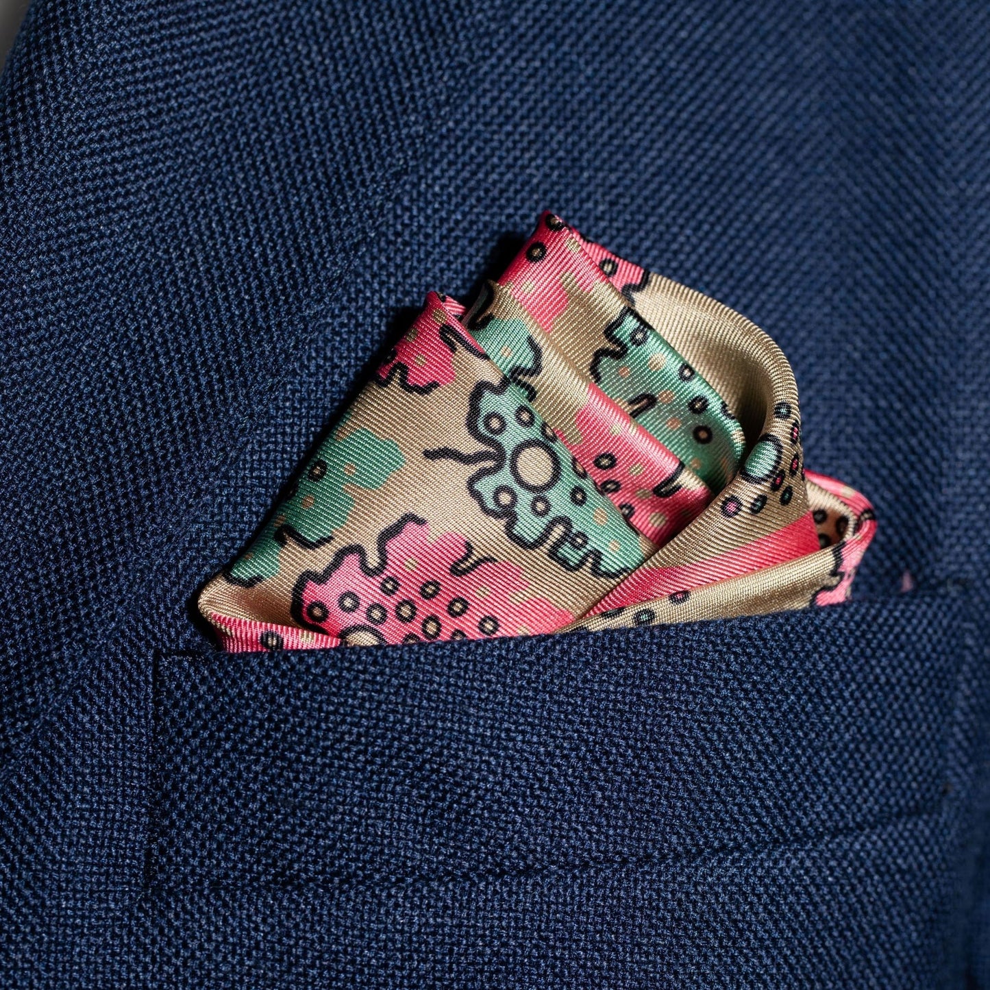 Motif Silk Pocket Square - Camel, Green & Pink