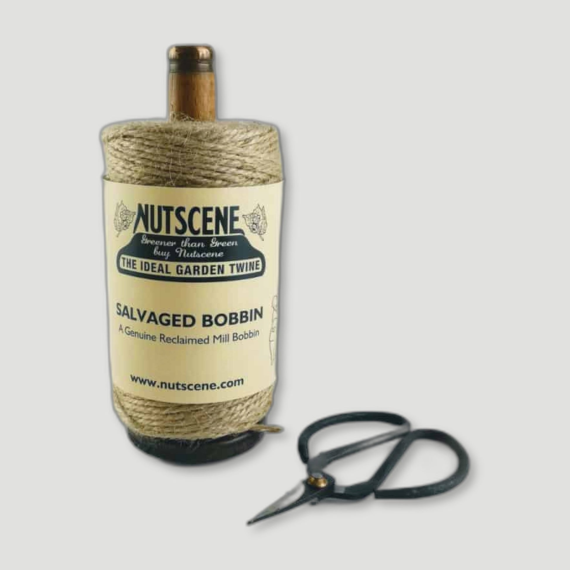 Natural Recycled Mill Bobbin with Twine and Scissors from Nutscene - British Made Garden Twine