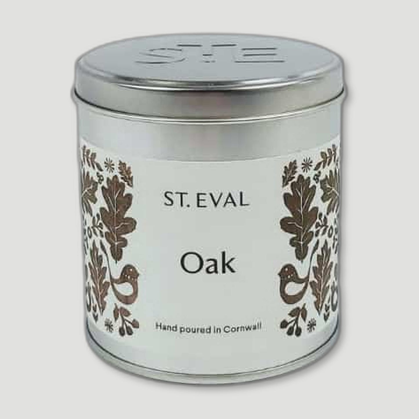 Front view of Oak Tin Candle from St Eval Candles - British Made Candles