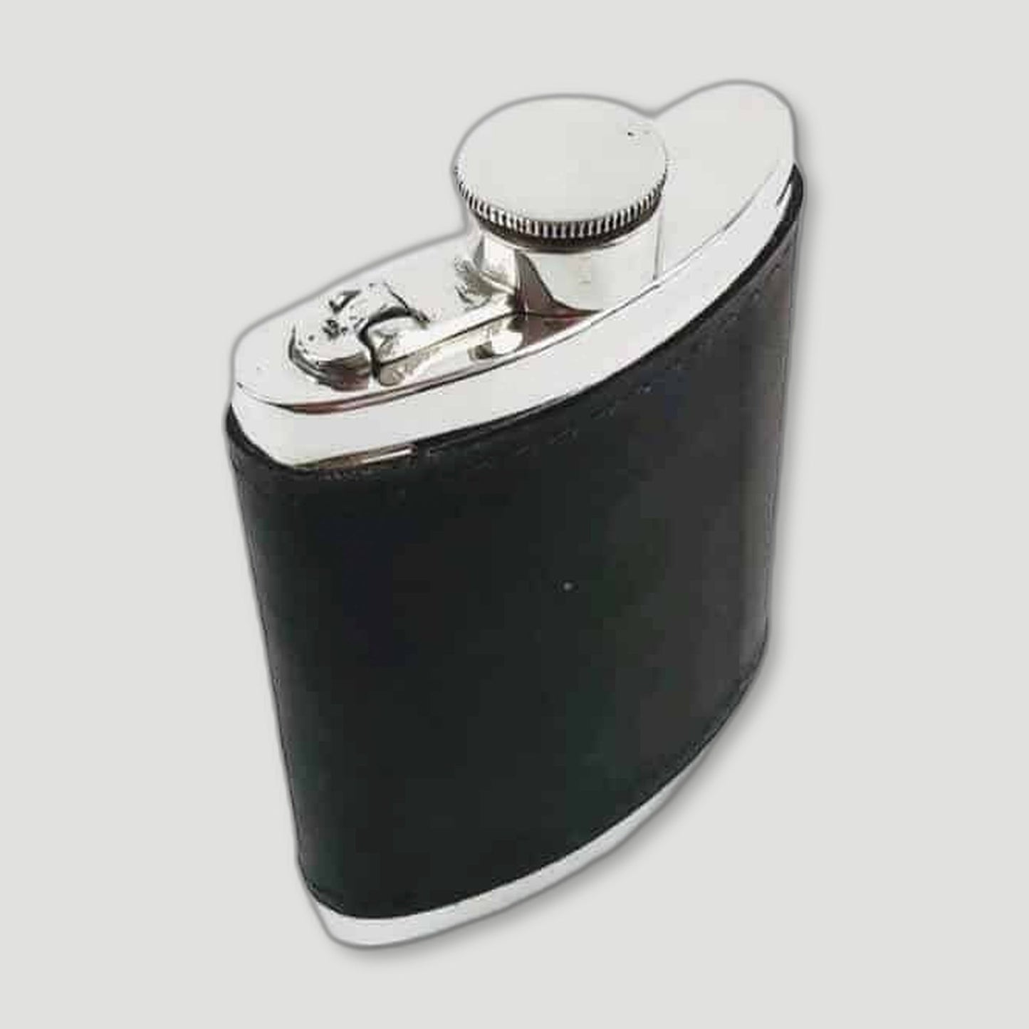 Top view of Pewter and Black Leather Hip Flask from Wentworth Pewter - British Made Pewter Barware