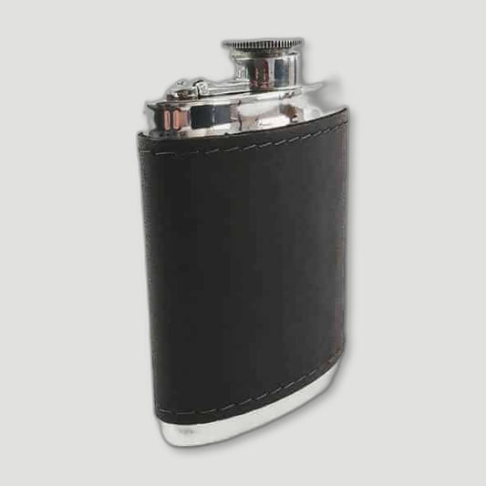 Side view of Pewter and Bourneville Leather Hip Flask from Wentworth Pewter - British Made Pewter Barware