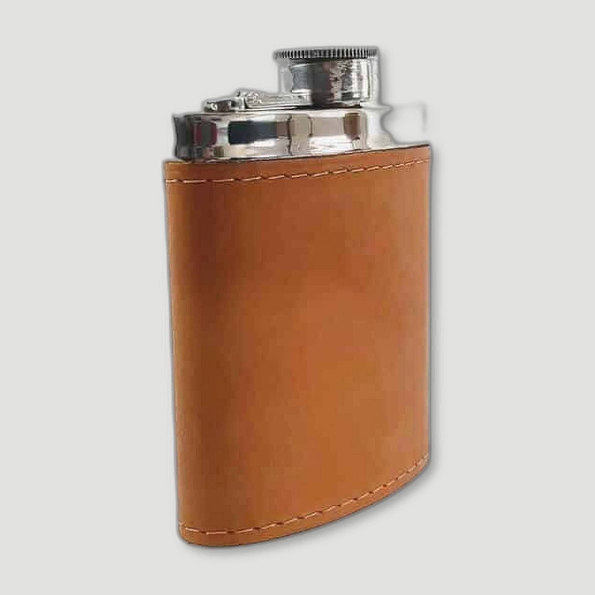 Side view of Pewter and Tan Leather Hip Flask from Wentworth Pewter - British Made Pewter Barware