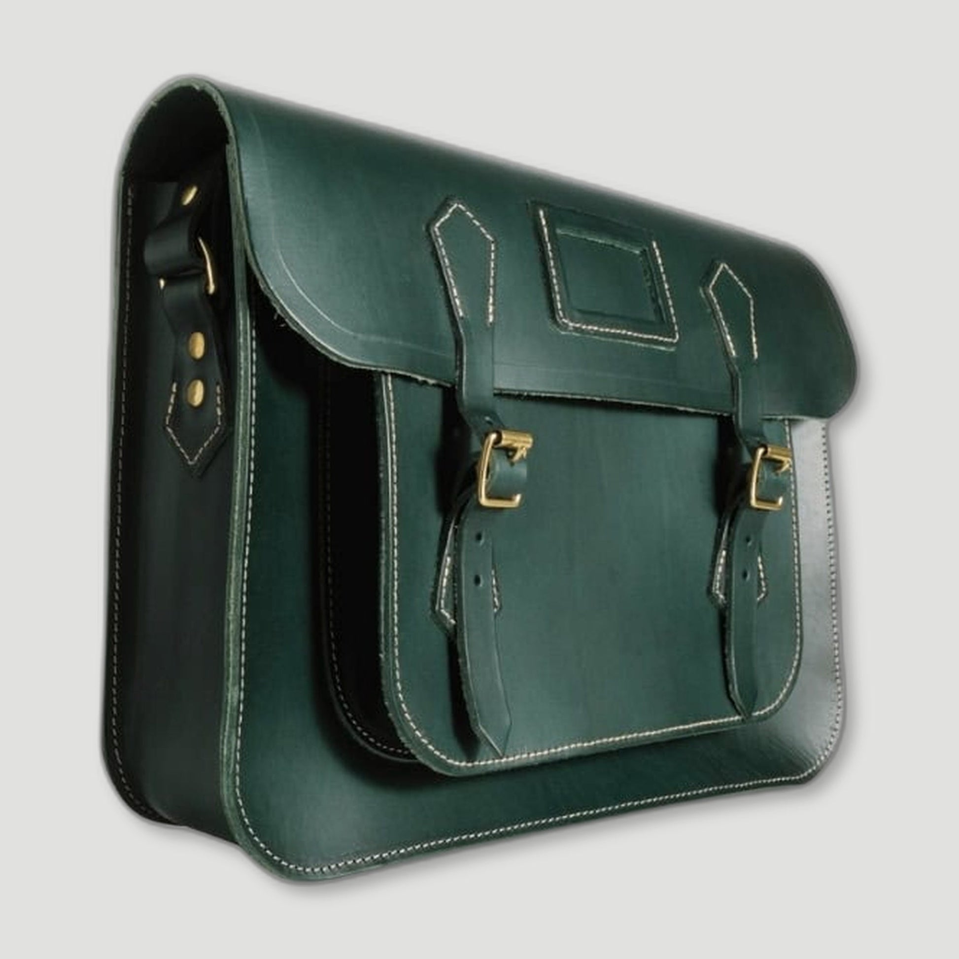 Side view of Racing Green Leather Satchel from Garstin 1871 - British Made Leather Accessories