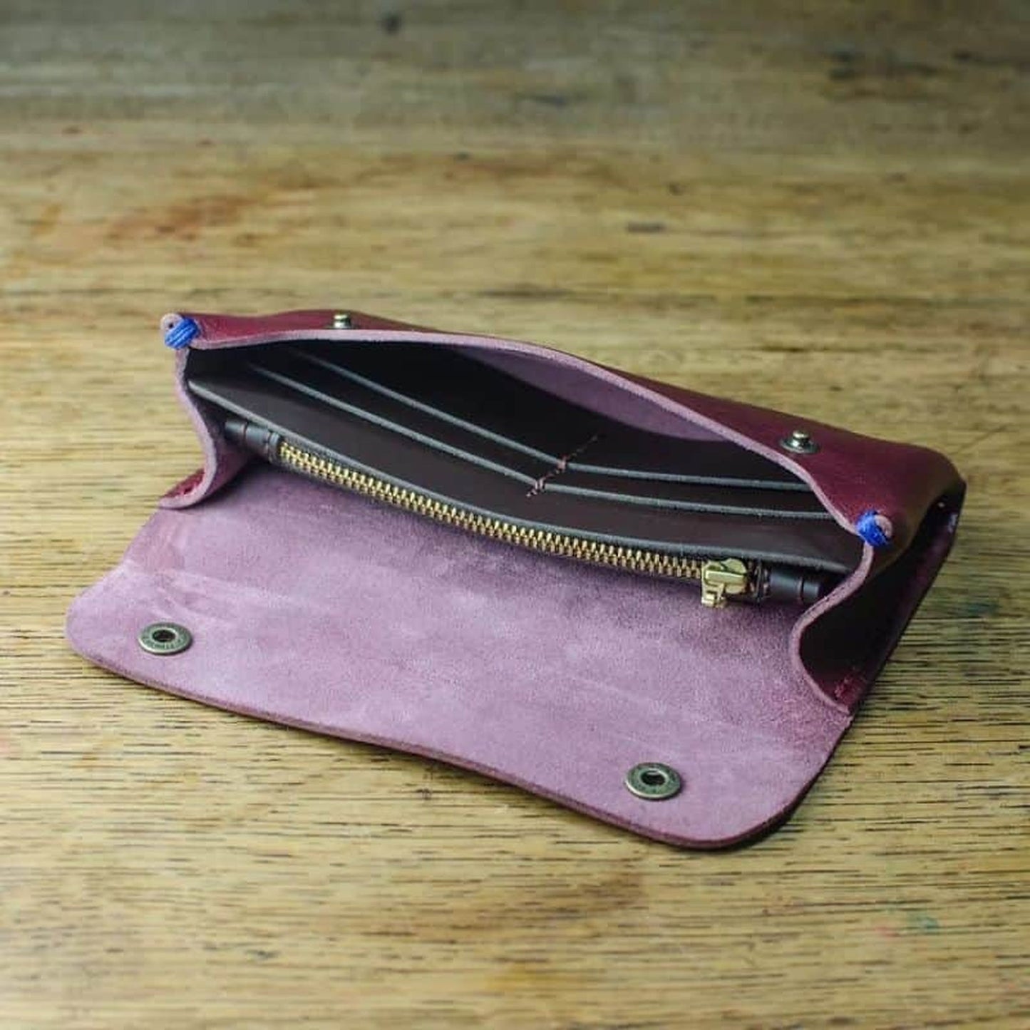 Raisin Leather Purse With Red Waxed Thread