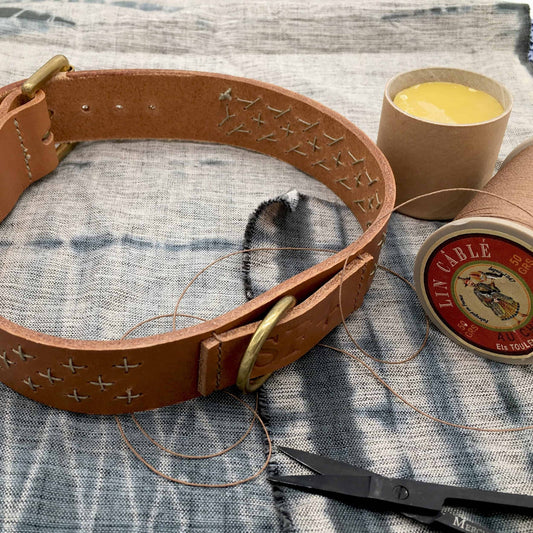 Raven Black Leather Sashiko Leather Dog Collar