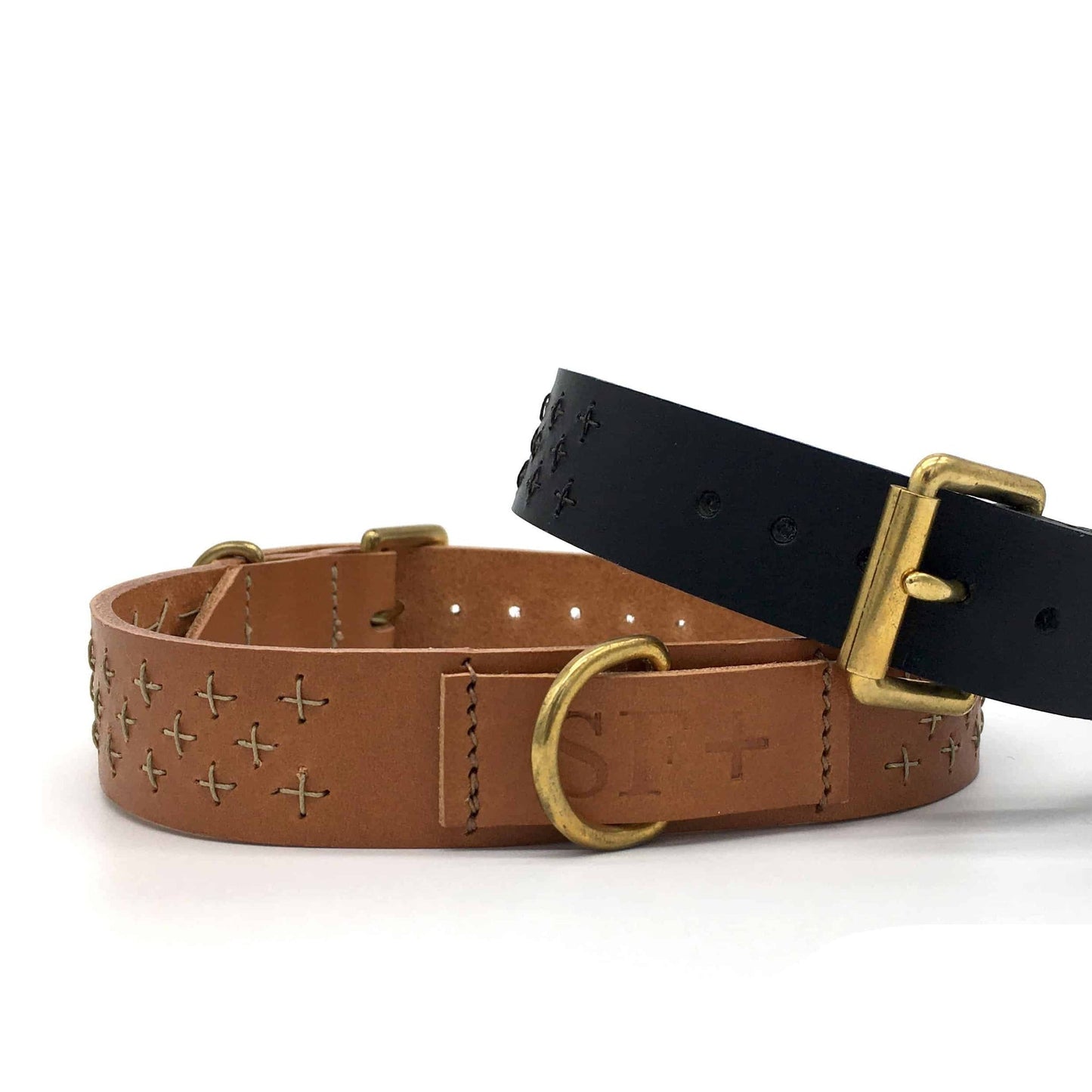 Raven Black Leather Sashiko Leather Dog Collar