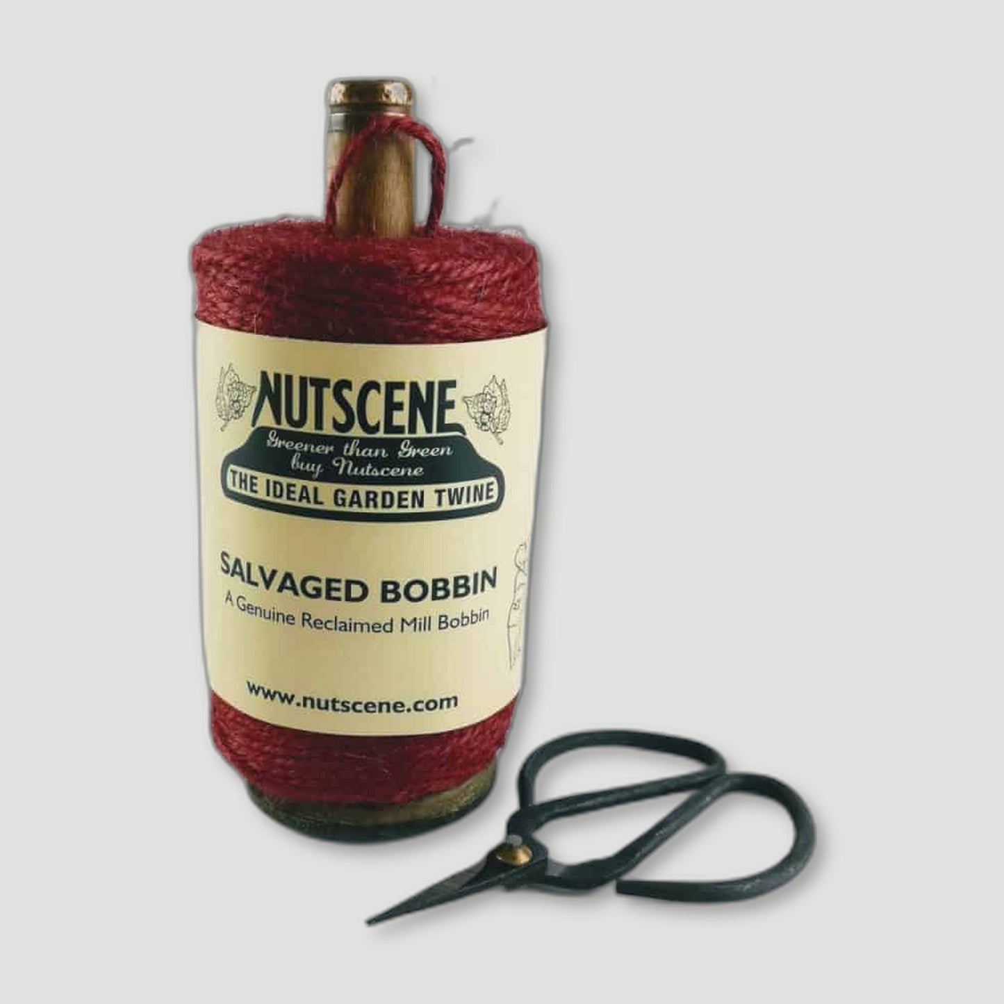 Red Recycled Mill Bobbin with Twine and Scissors from Nutscene - British Made Garden Twine