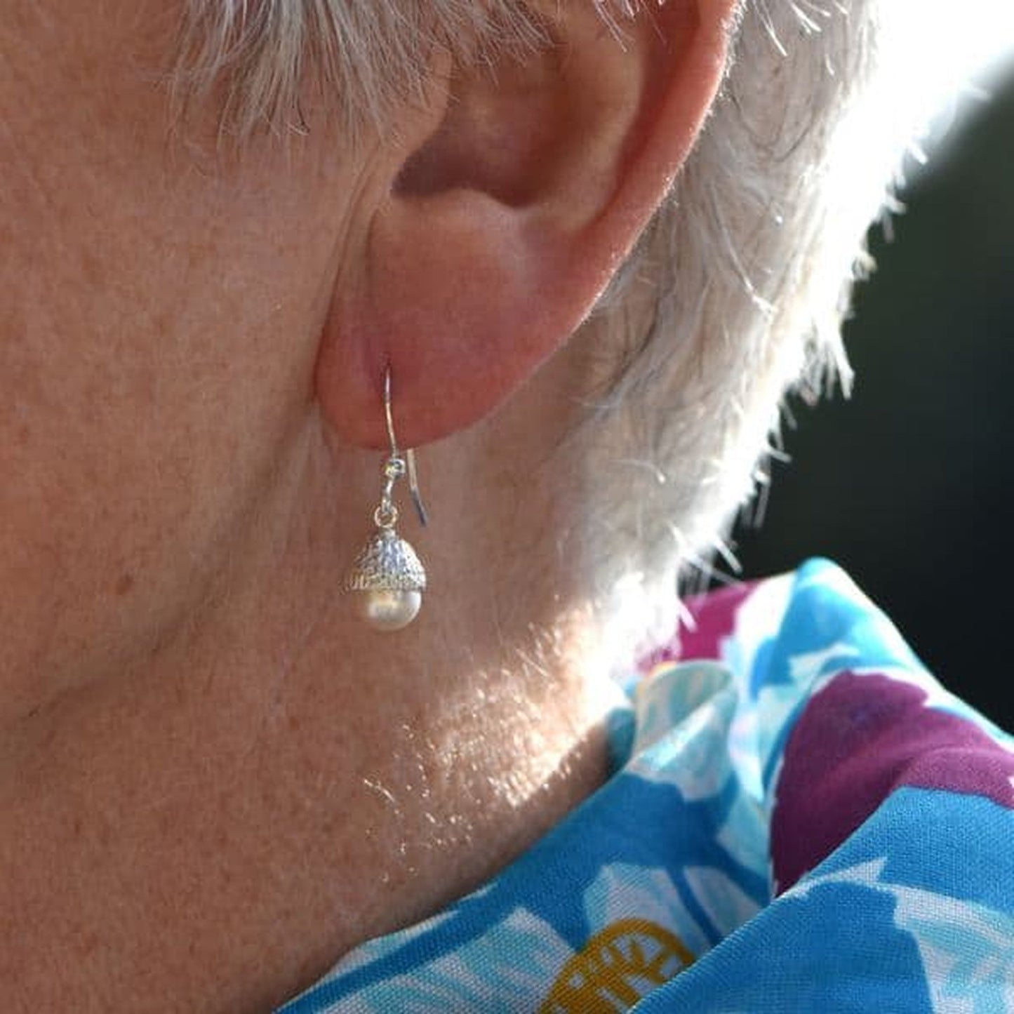 Silver Pearl Acorn Earrings