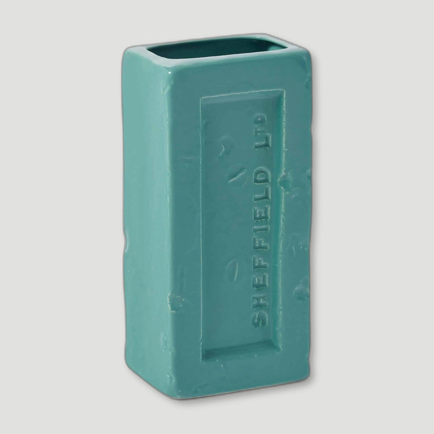 Angled view of Turquoise Sheffield Brick Vase from Stolen Form - British Made Vases & Homeware