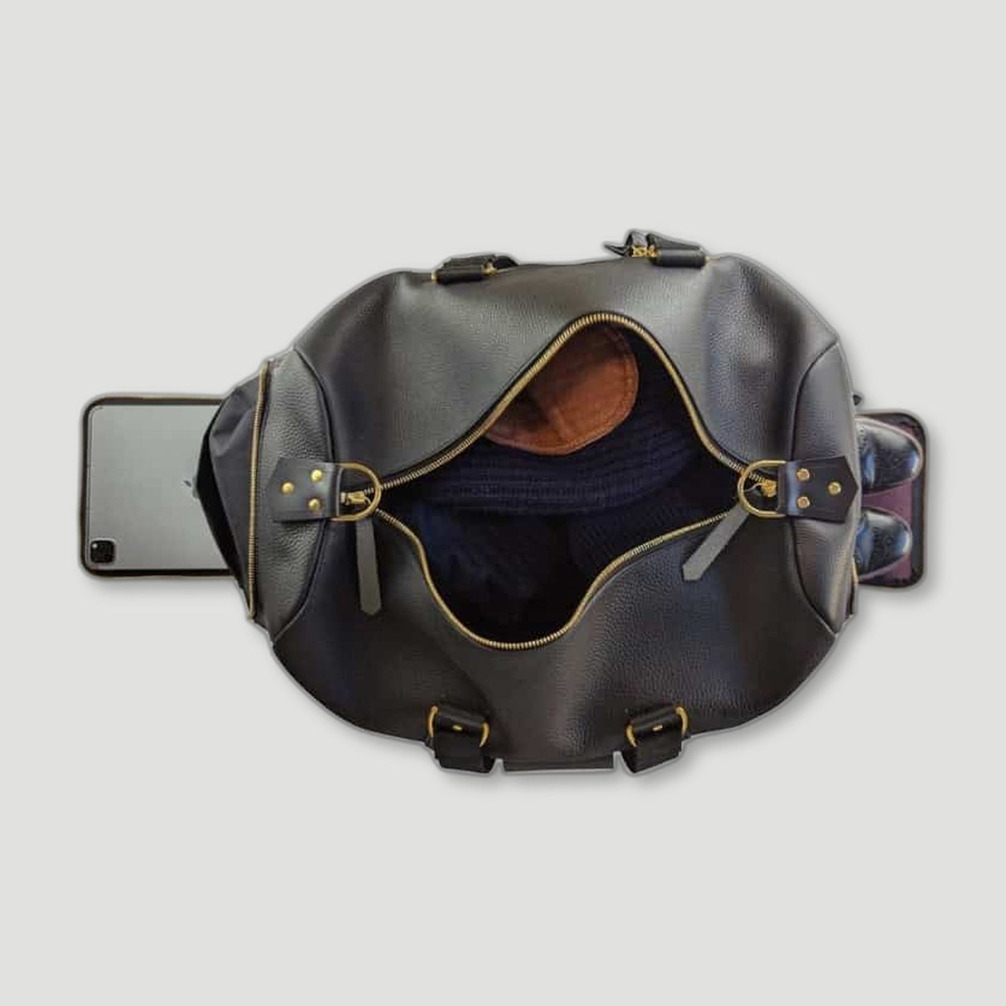 Top view of Ultimate Apple Tech Leather Weekender Bag - Ebony Black from Garstin 1871 - British Made Leather Accessories