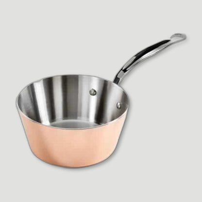 Angled view of 16cm Copper Induction Tapered Saucepan from Samuel Groves - British Made Cookware