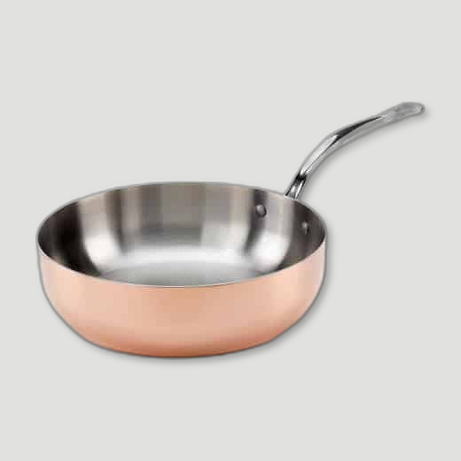 Angled view of 20cm Copper Induction Chef Pan from Samuel Groves - British Made Cookware