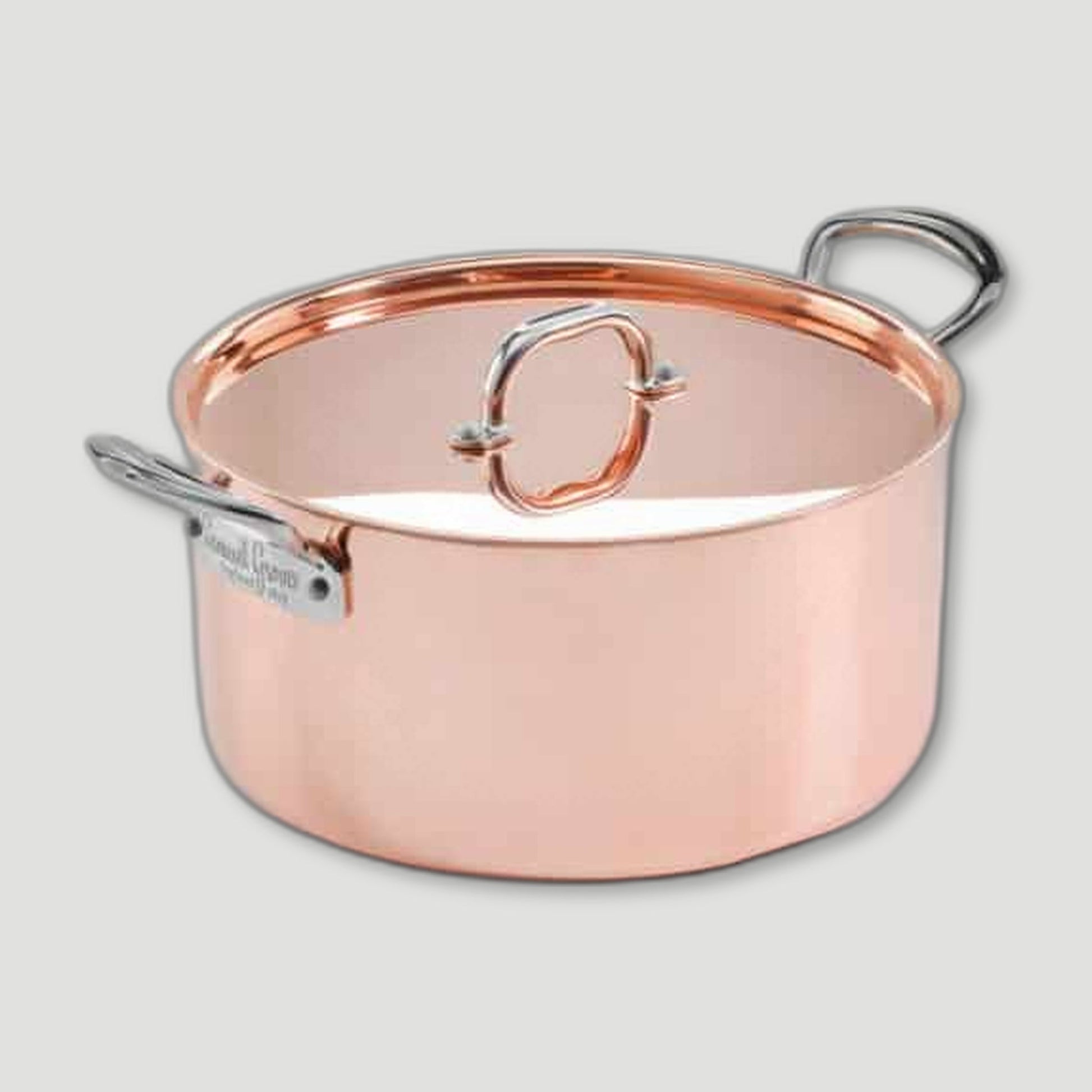 Angled view of 26cm Copper Induction Casserole Pan & Lid from Samuel Groves - British Made Cookware