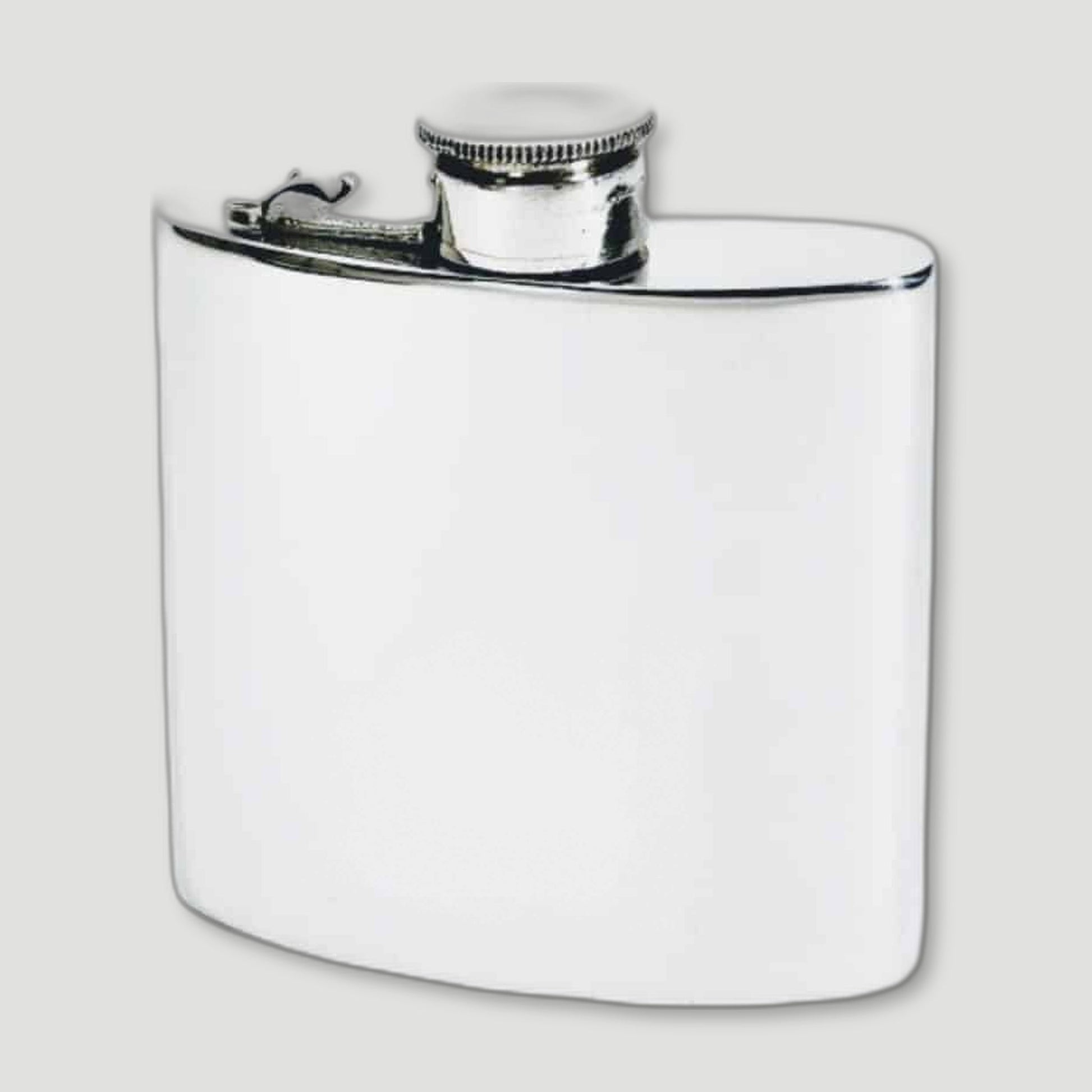 Front view of 6oz Kidney Shaped Pewter Hip Flask from Wentworth Pewter - British Made Pewter Barware