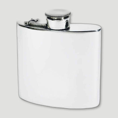 Front view of 6oz Kidney Shaped Pewter Hip Flask from Wentworth Pewter - British Made Pewter Barware