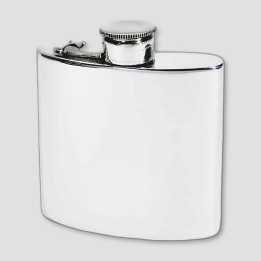 Front view of 6oz Kidney Shaped Pewter Hip Flask from Wentworth Pewter - British Made Pewter Barware