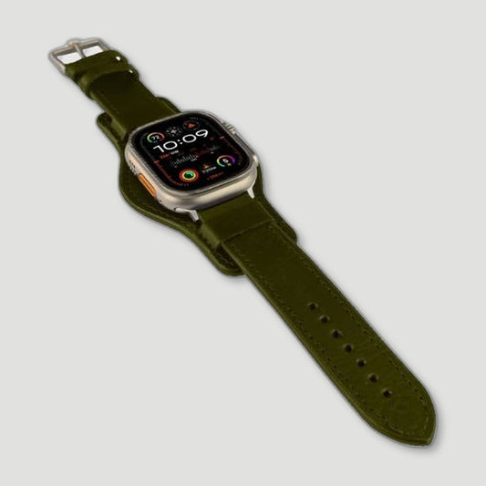 Front view of Apple Watch Ultra 2 Leather Strap - Olive Green from Garstin 1871 - British Made Leather Accessories