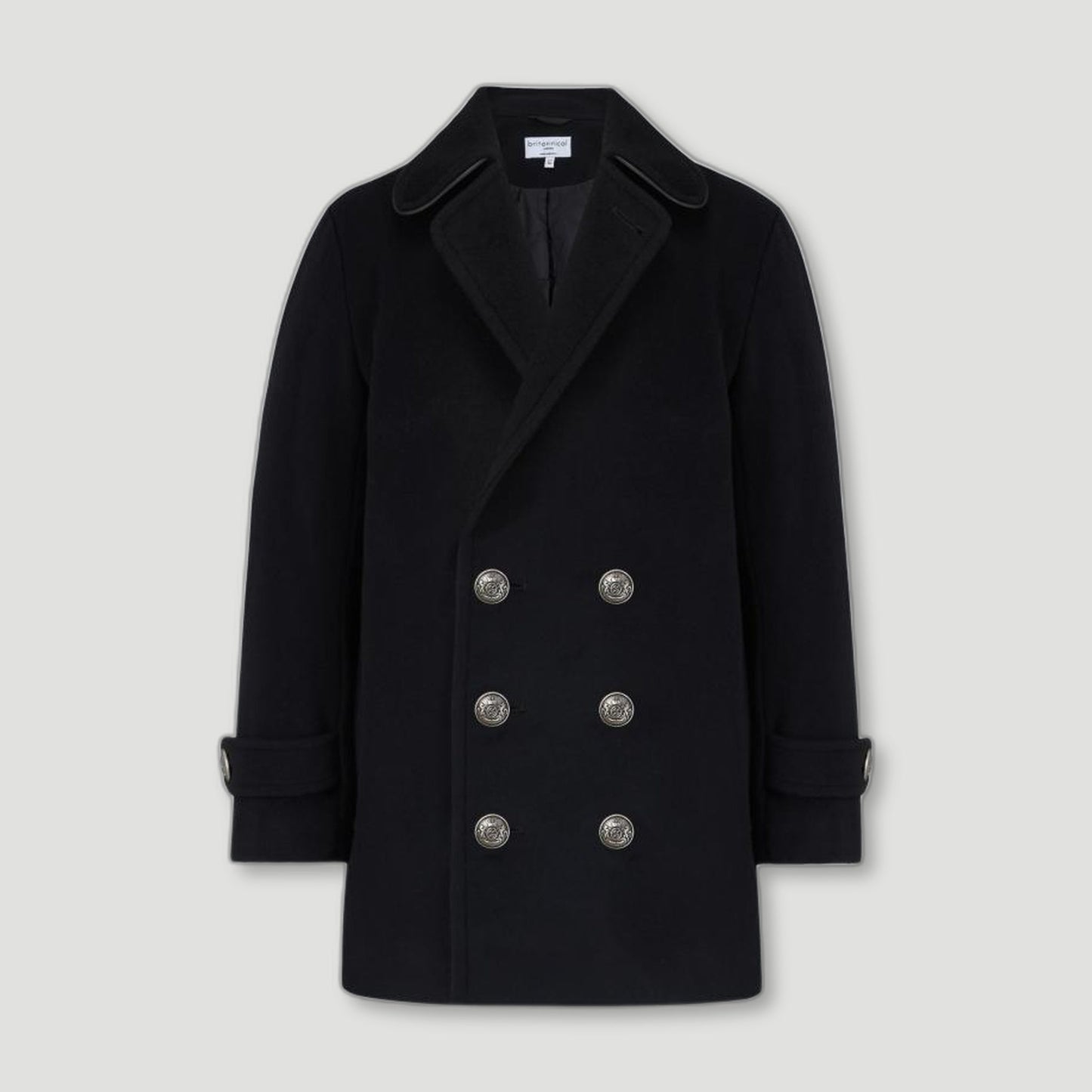 Front view of Black Lambeth Boys Reefer Coat from Brittanical London - British Made Children's Coats