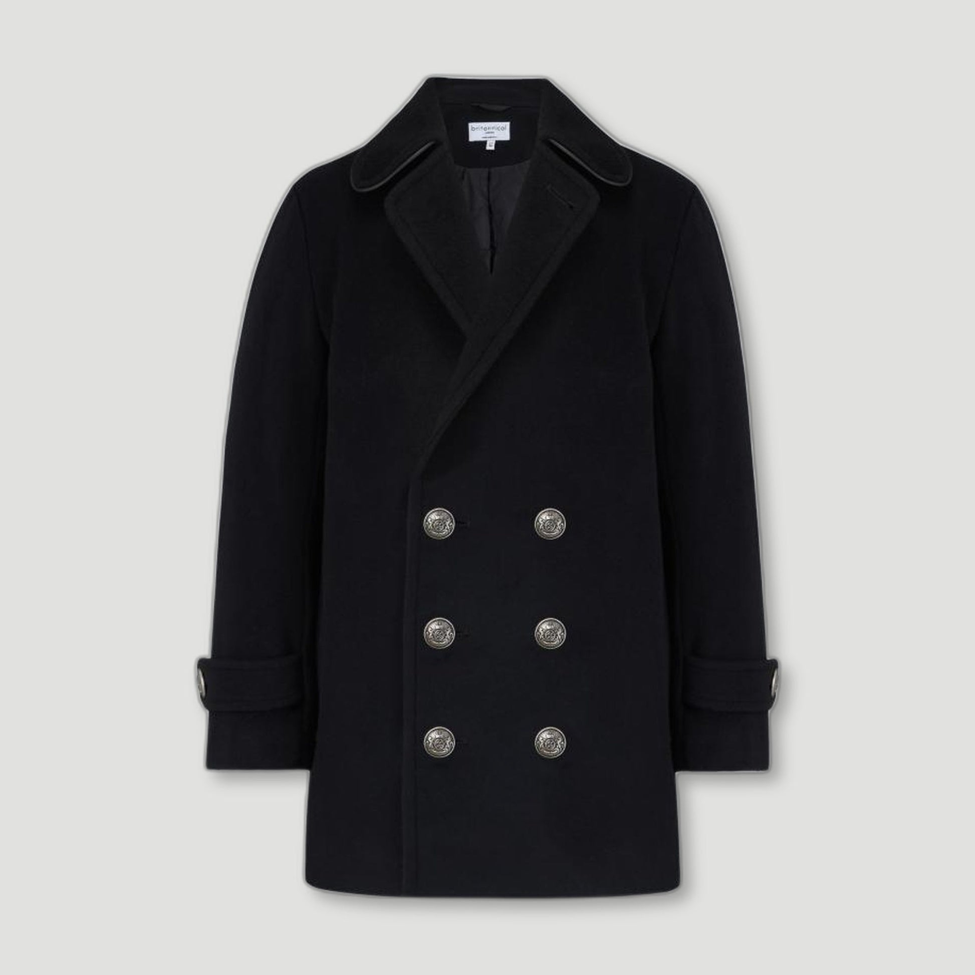 Front view of Black Lambeth Boys Reefer Coat from Brittanical London - British Made Children's Coats