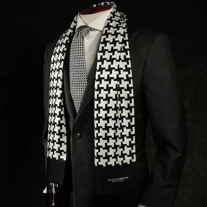 Black and White Large Houndstooth Fringed Scarf