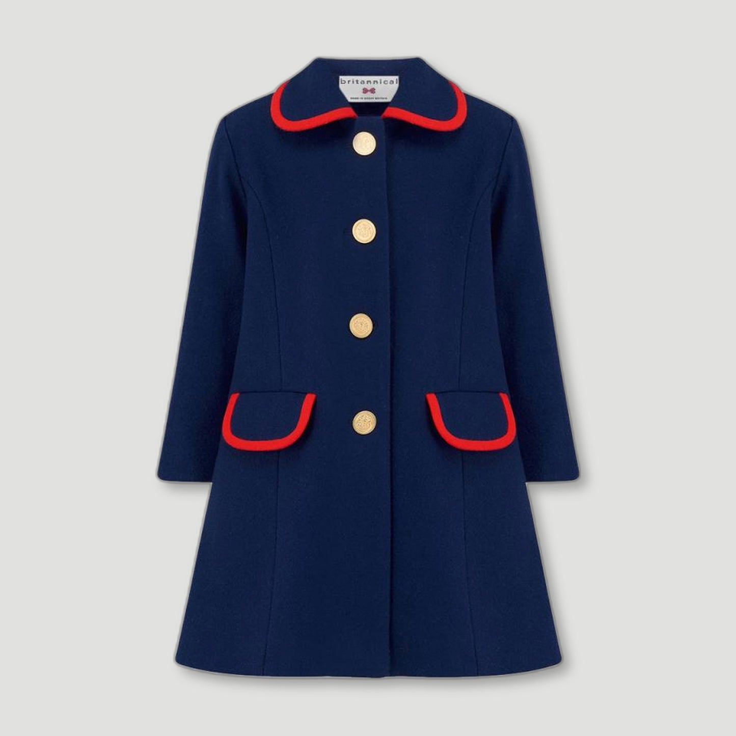 Front view of Blue Kensington Girls Coat from Brittanical London - British Made Children's Coats