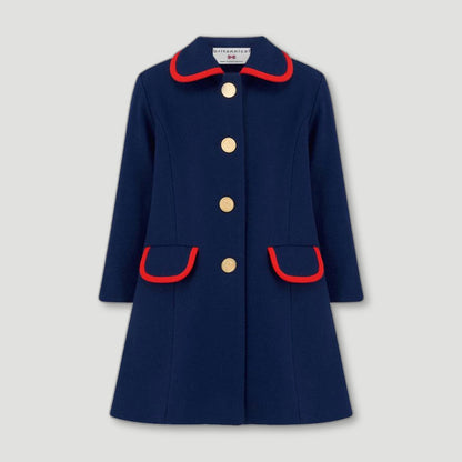 Front view of Blue Kensington Girls Coat from Brittanical London - British Made Children's Coats